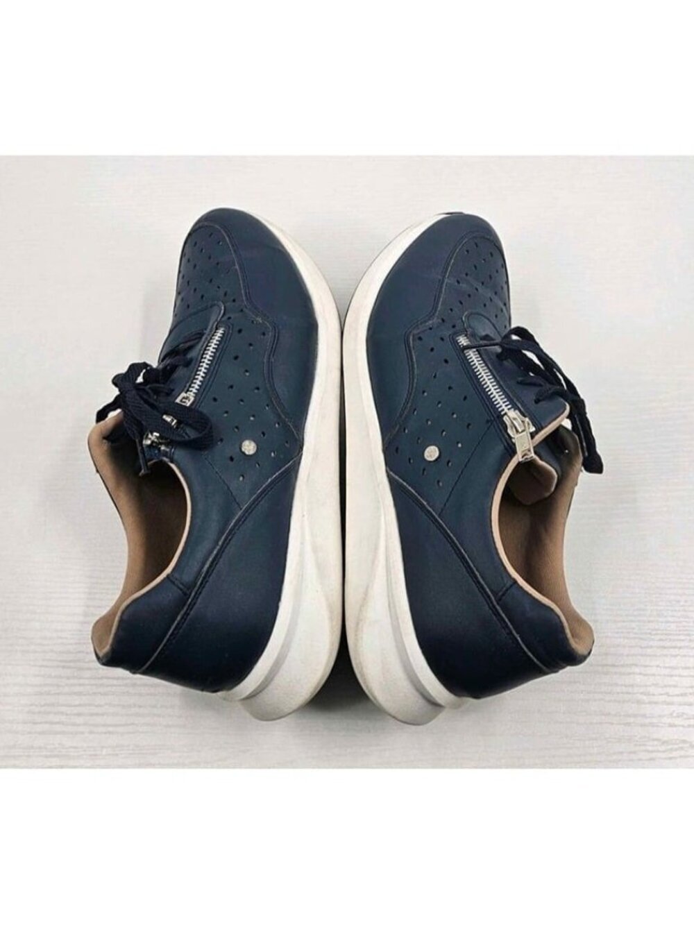 Andrea Fenzi Comfort Wedge Sneakers Women's Size 10 Navy Blue Leather Side Zip